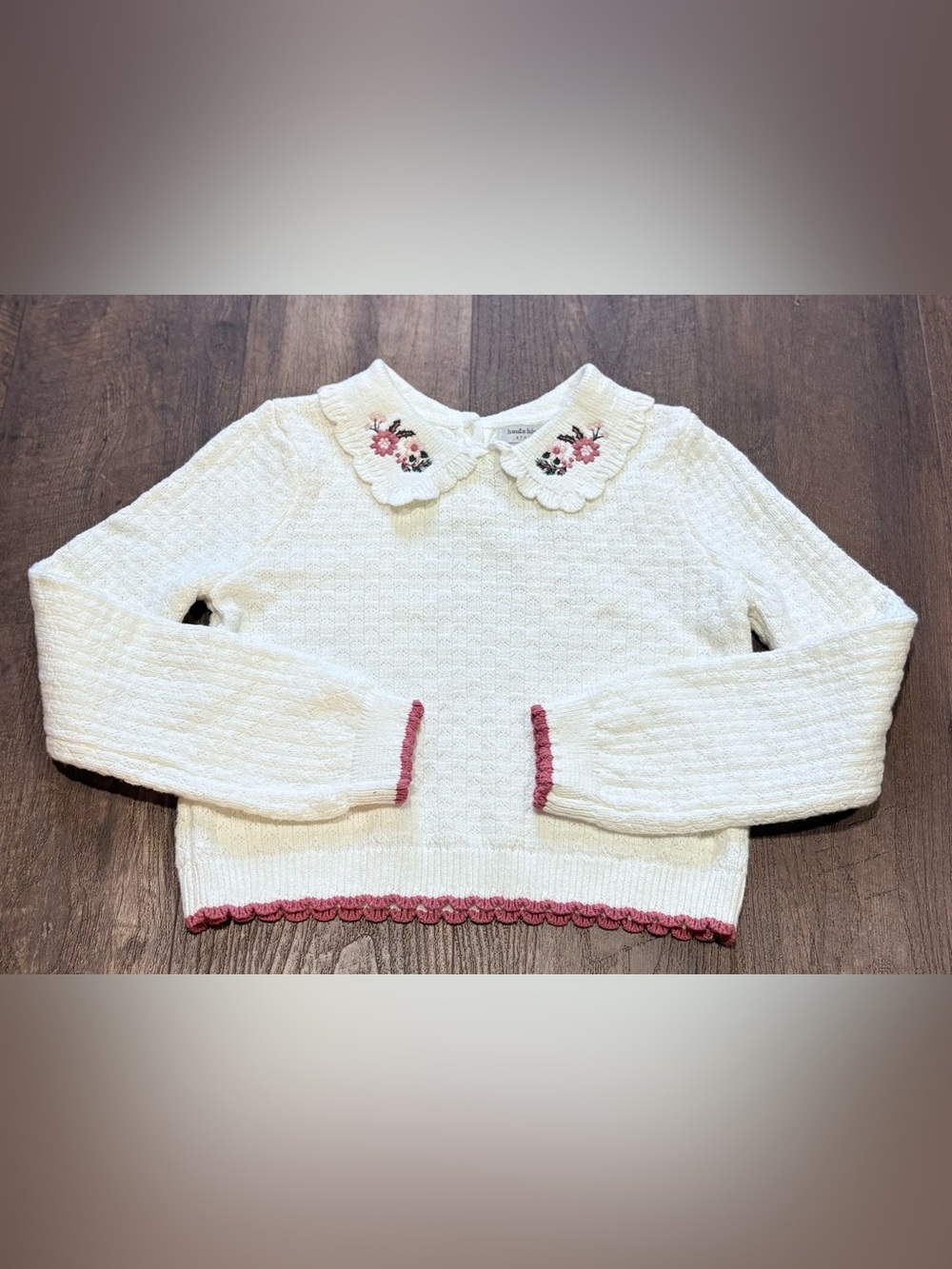 Haute Hippie Cream Knit Sweater with Pink Trim and Embroidered Collar
